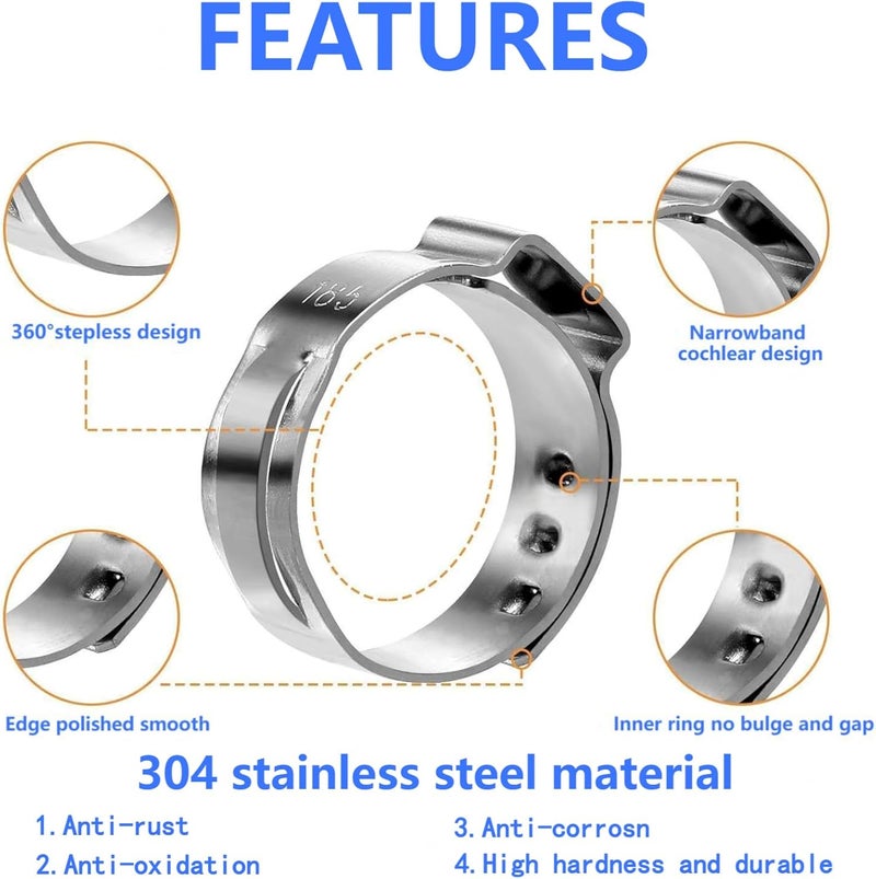 LAZIRO 160Pcs (6mm-25.6mm)1/4""-1""Single Ear Hose Clamp Hose Crimp Clamps Ear Crimp Rings Ear Stepless Hose Clamp Pinch Clamps for Hose Pipe Clamp Tools (Single Ear Hose Clamps Kit), Silver - Image 4